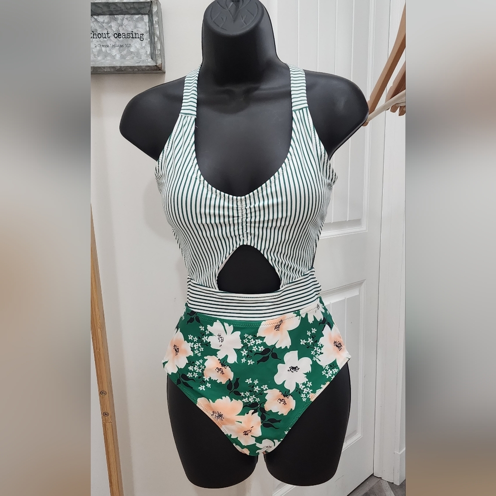 Swimsuit sz small, one piece cutout, cute stripe/floral print, adjustable straps